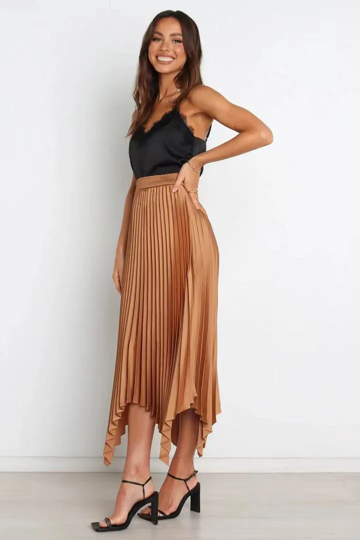 Solid Color Sun Pleated Elastic High Waist Casual All Matching Women Clothing Dress