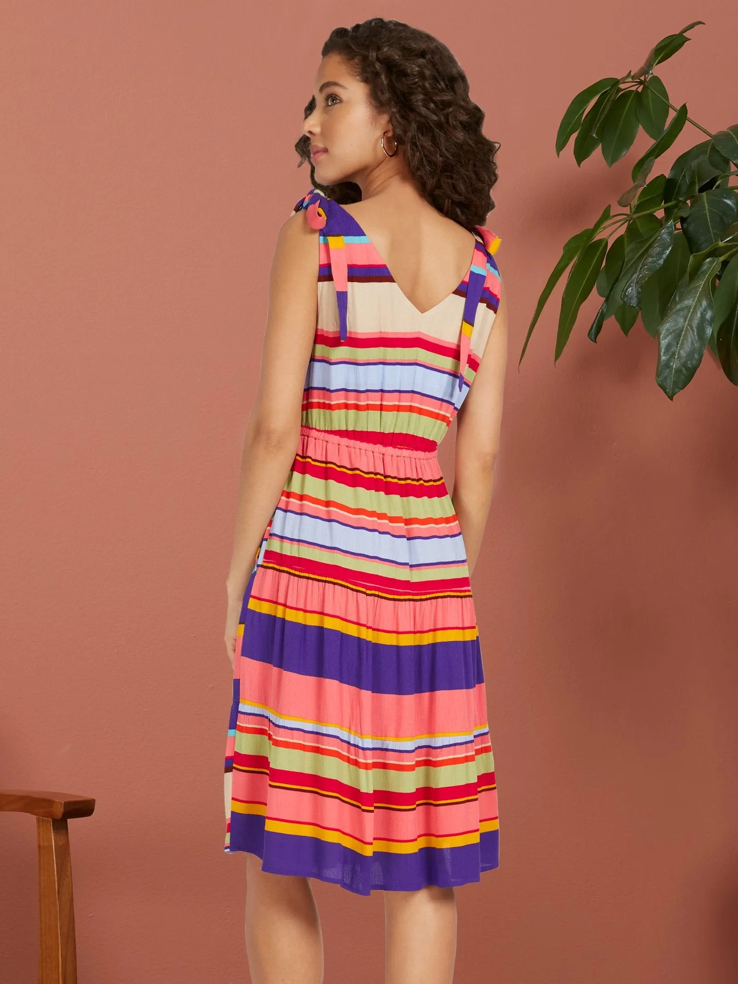 Stripe Tiered Dress With Shoulder Ties