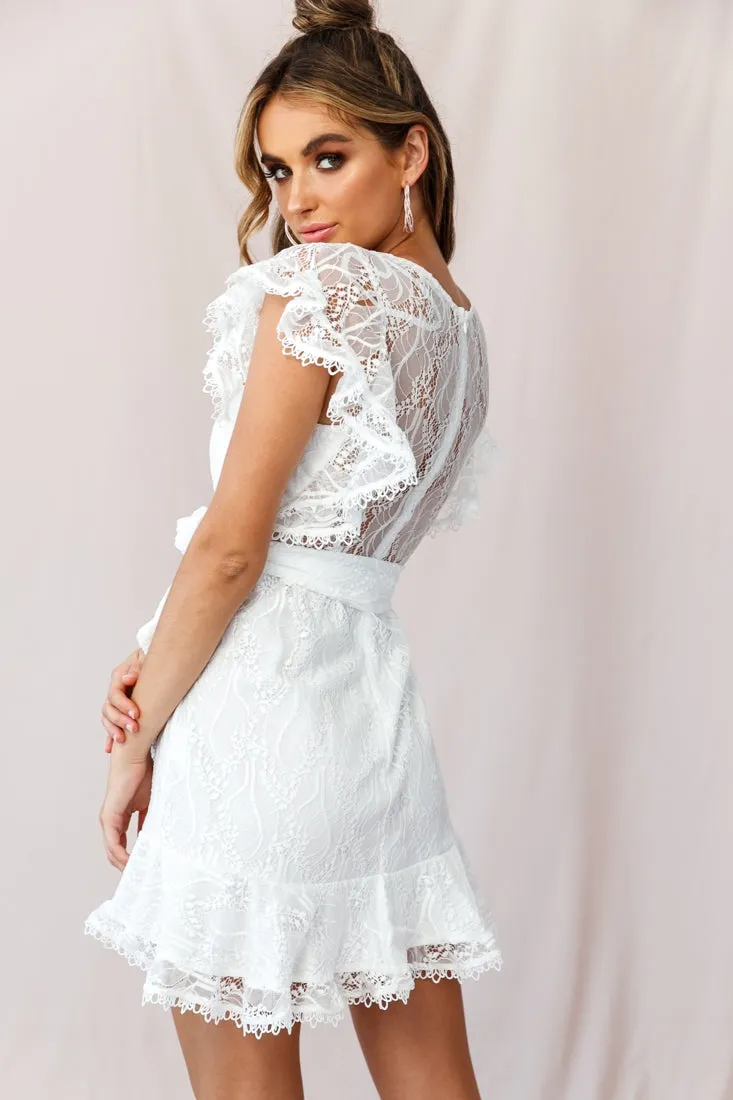 Taya Ruffle Shoulder Waist Tie Dress White Lace