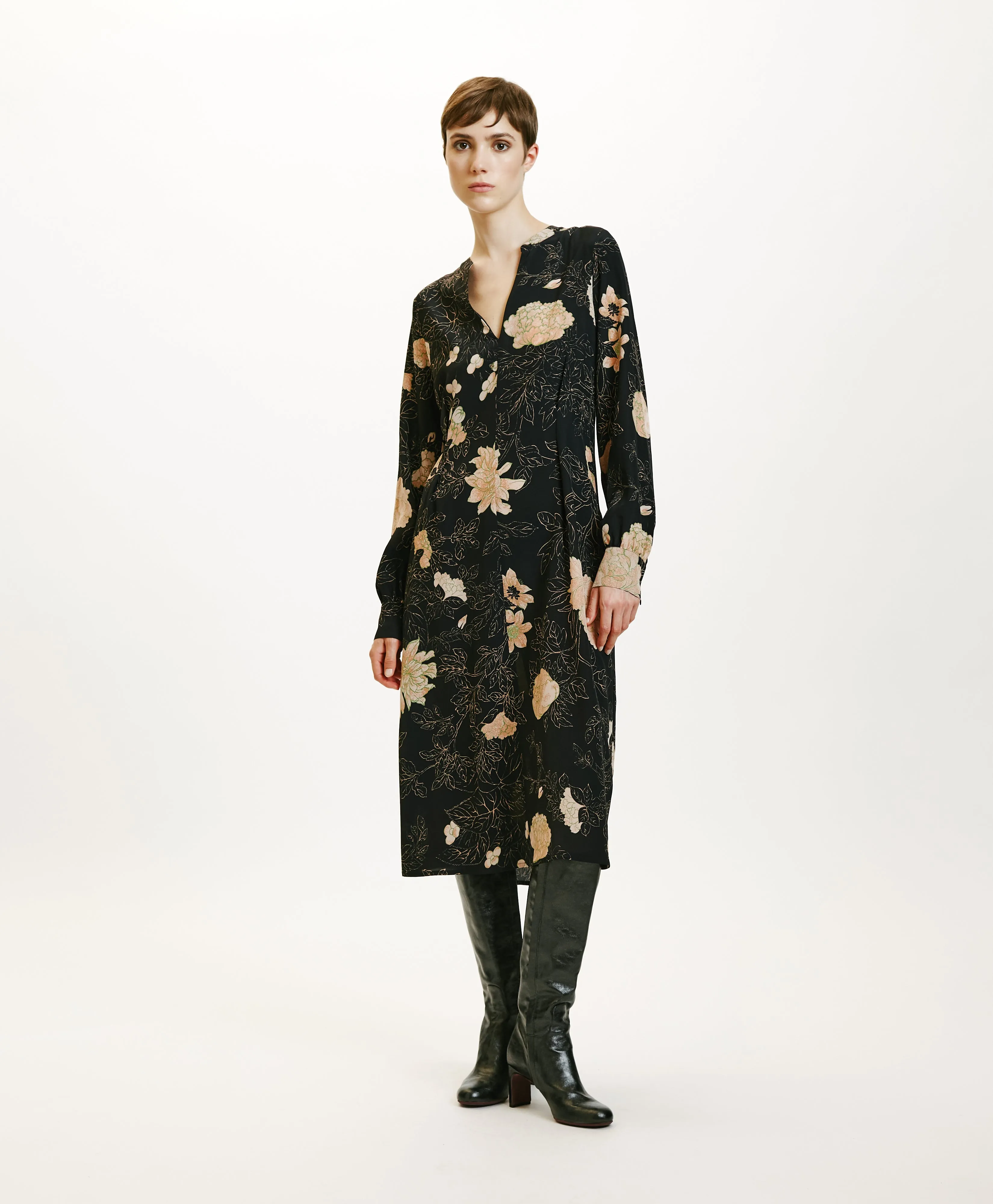 Wani Floral Printed Crepe de Chine Dress - Black