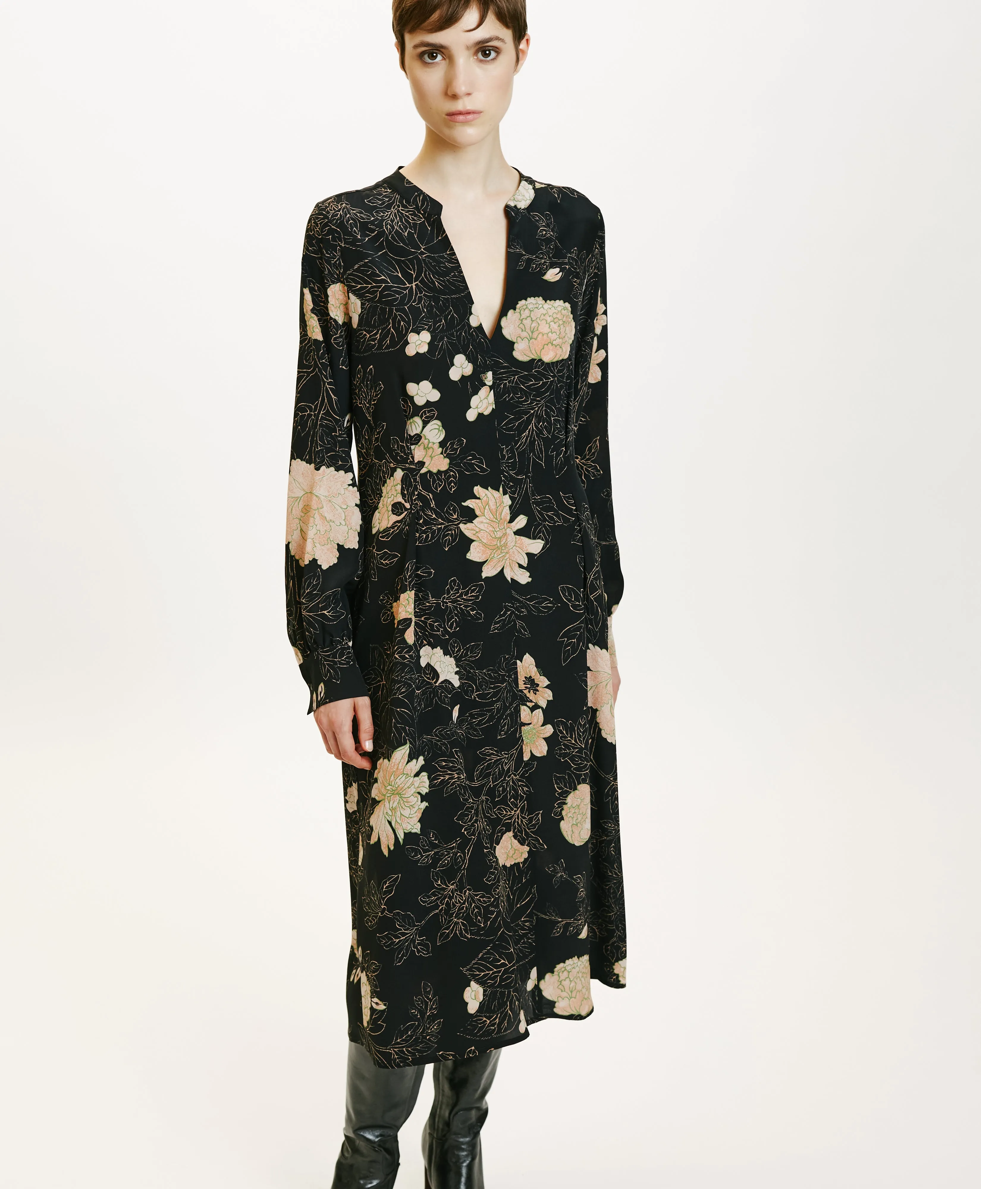 Wani Floral Printed Crepe de Chine Dress - Black