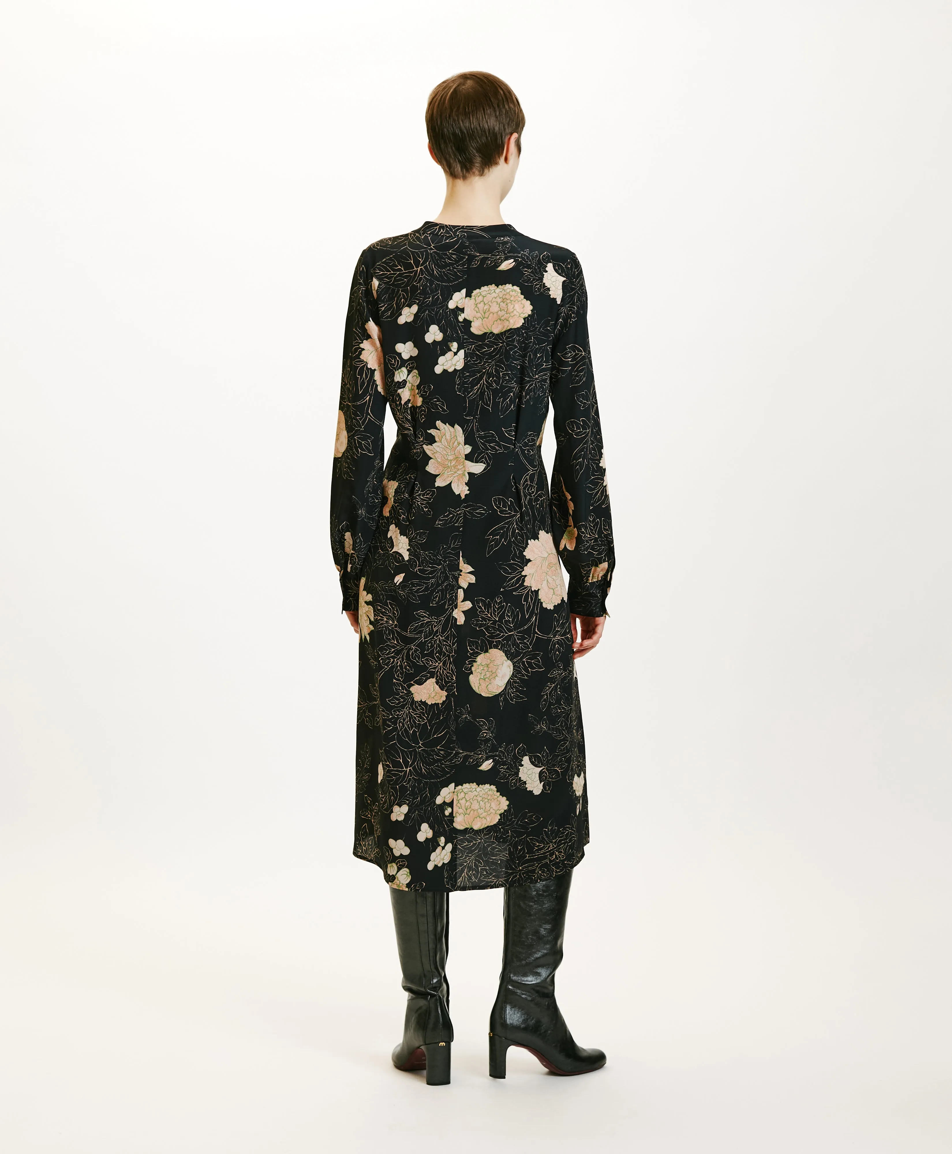 Wani Floral Printed Crepe de Chine Dress - Black