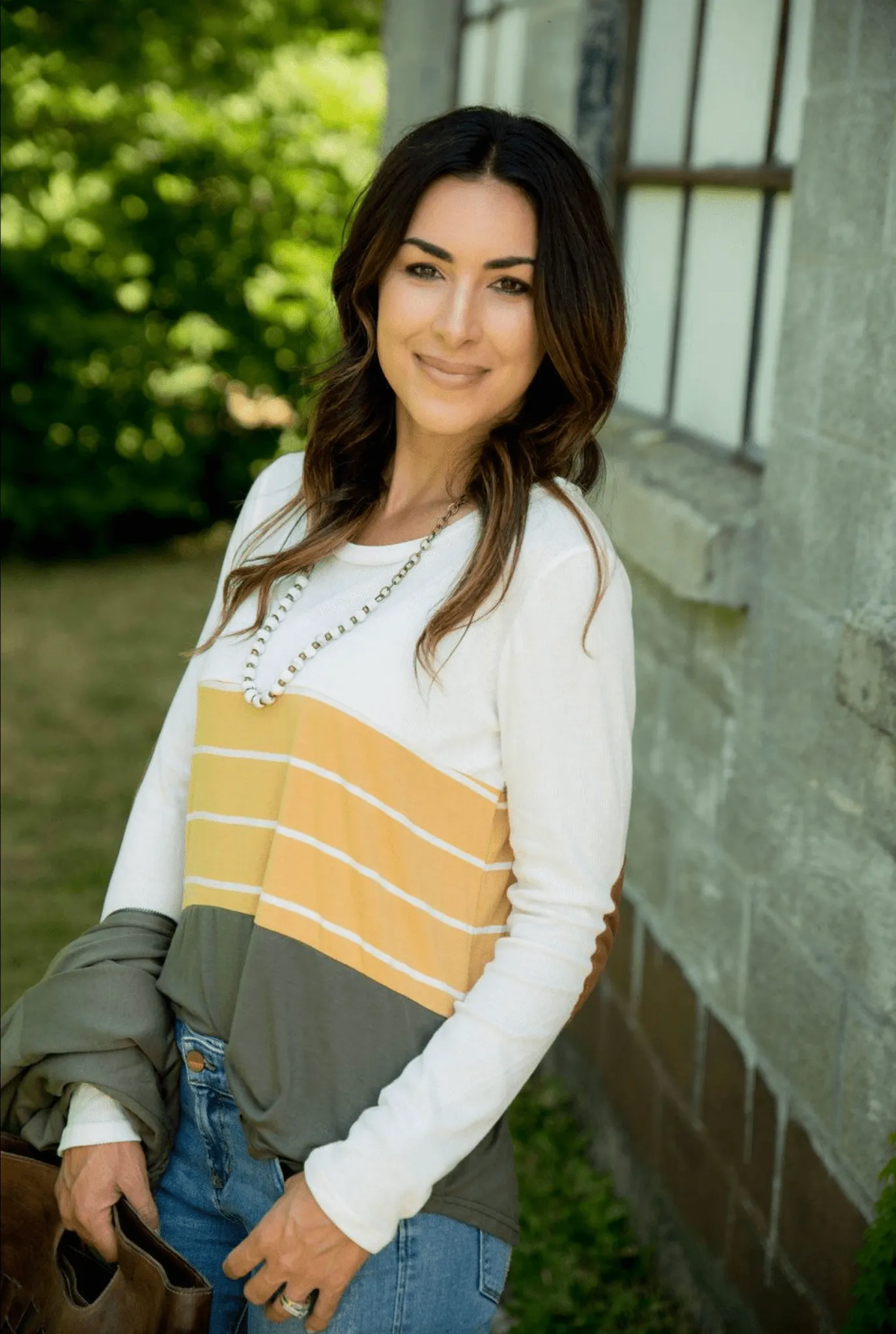 White/Striped/Solid Blocked Elbow Patch Tee