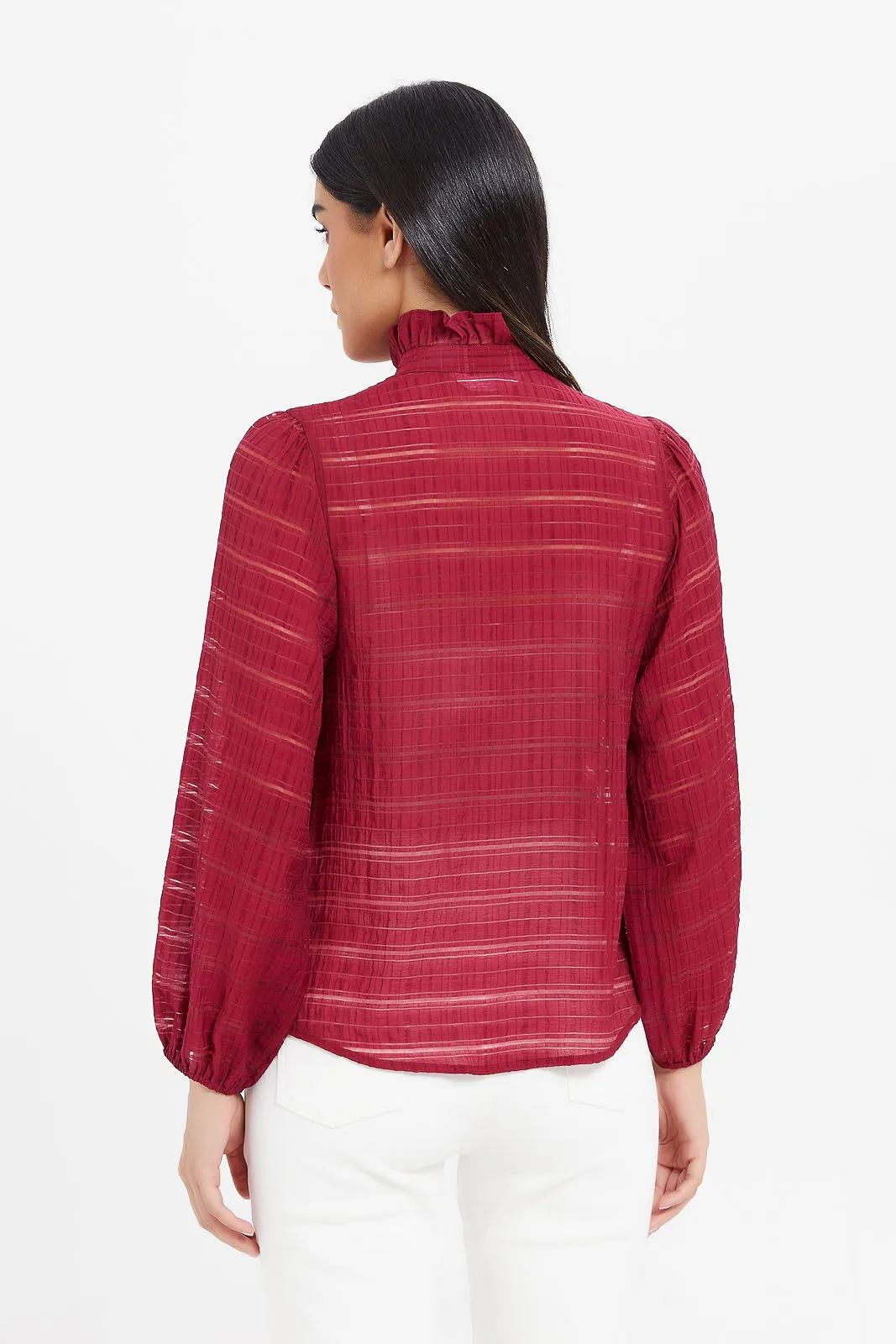 Women Red High Neck Jacquard Shirt