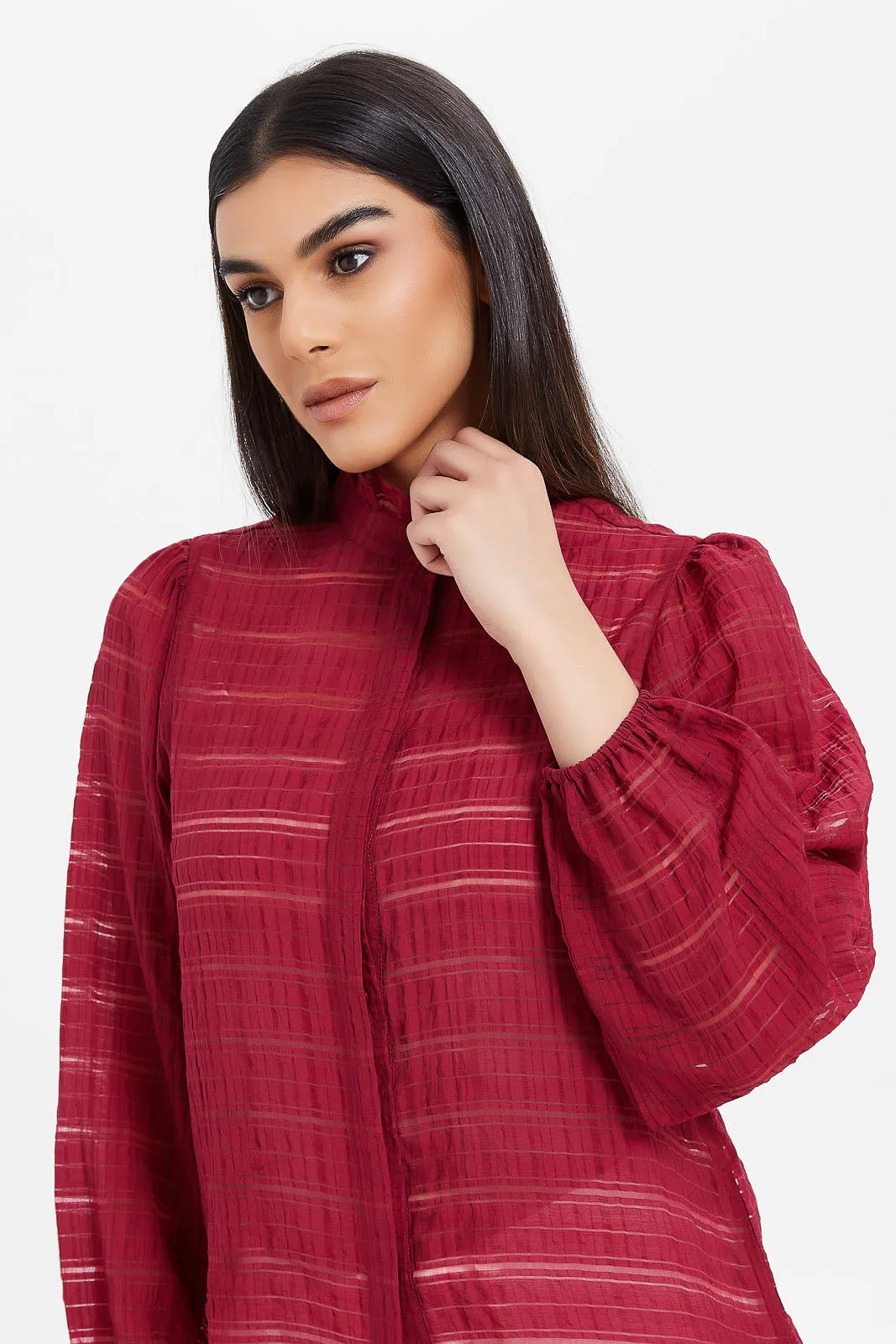 Women Red High Neck Jacquard Shirt