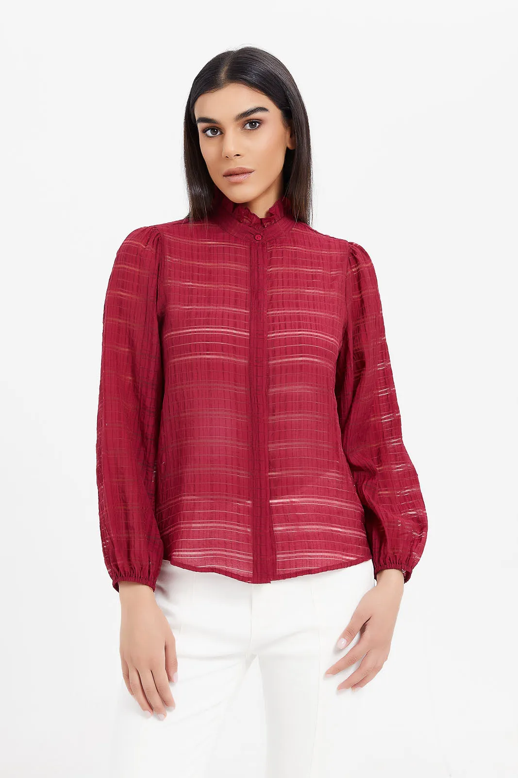 Women Red High Neck Jacquard Shirt