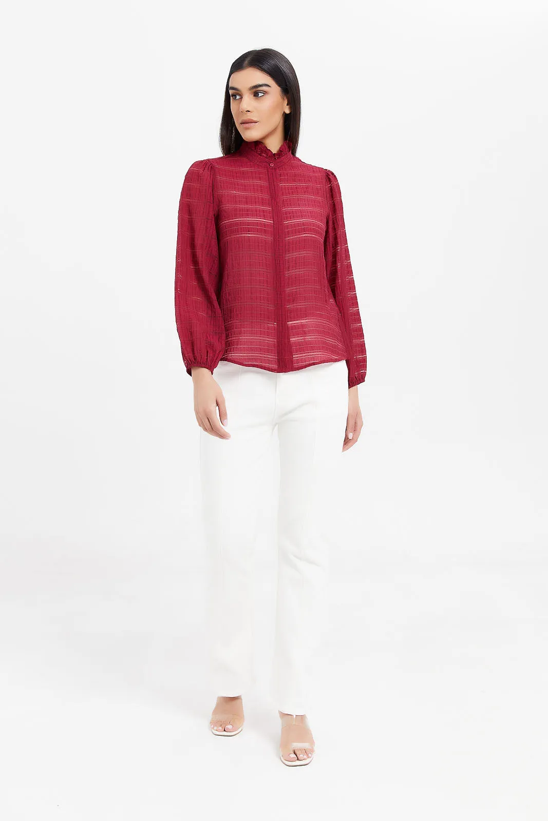 Women Red High Neck Jacquard Shirt