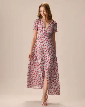 Women's Red V-Neck Ruched Floral Maxi Dress