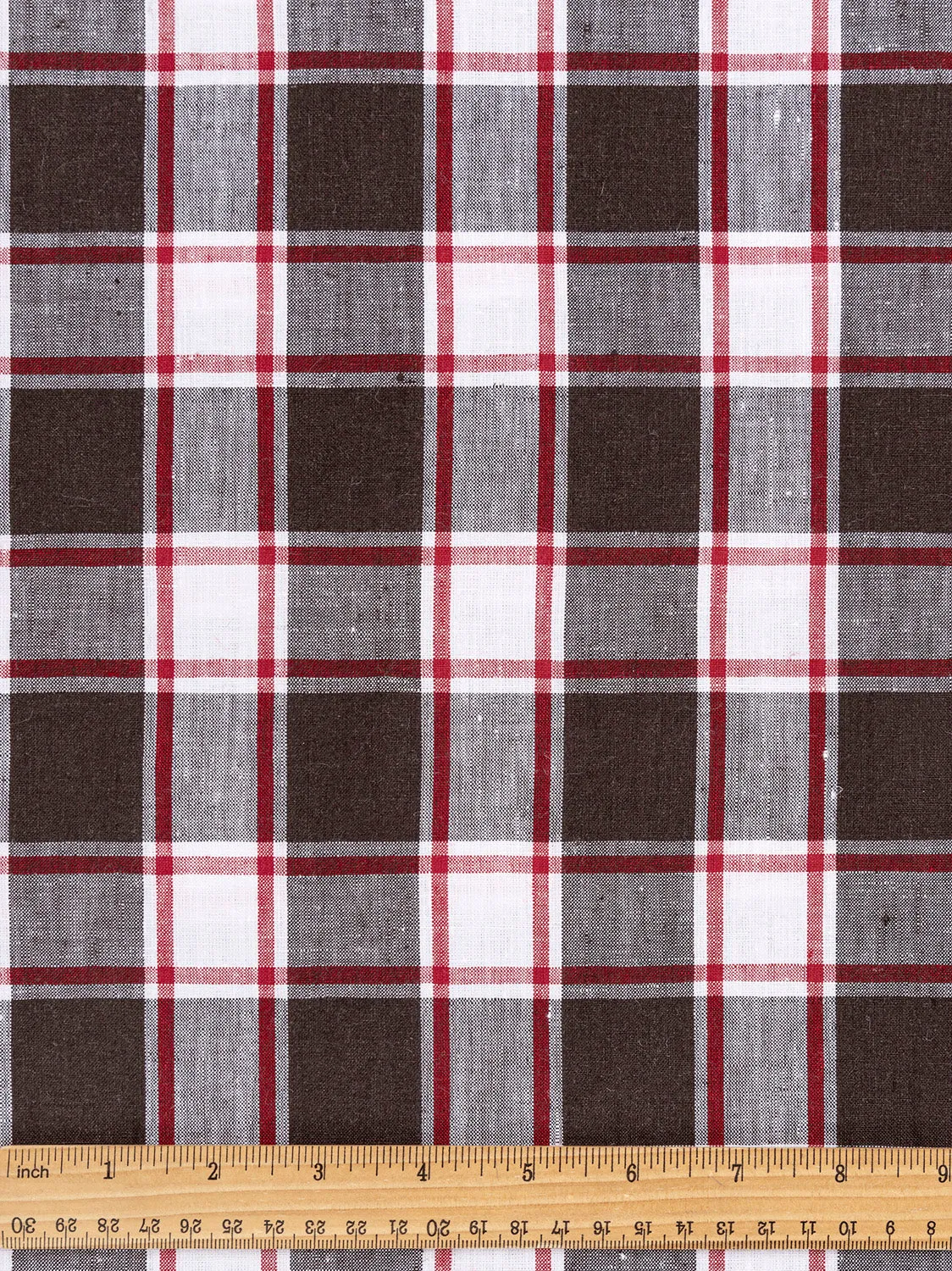 Yarn Dyed Plaid Irish Linen Suiting Deadstock - Brown   Red   White