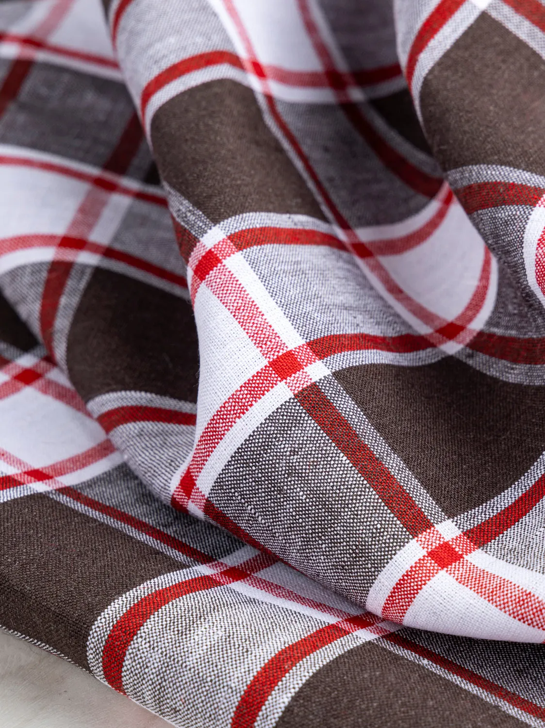 Yarn Dyed Plaid Irish Linen Suiting Deadstock - Brown   Red   White